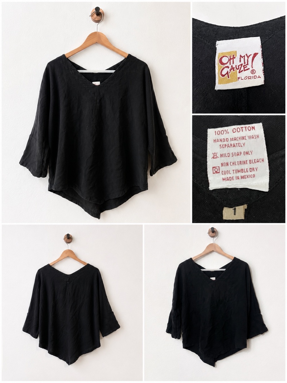 Oh My Gauze! Black V-Neck Cotton Tunic with Flared Sleeves